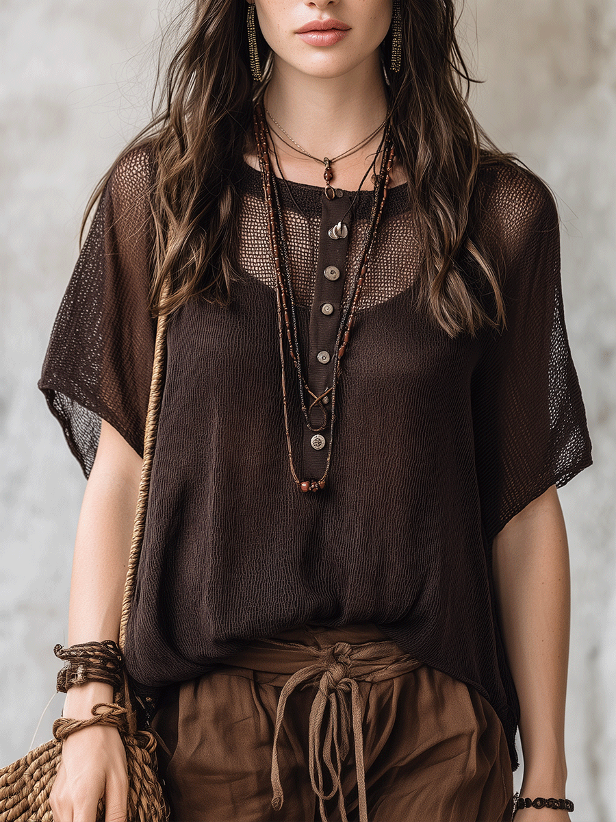 Maeve | Mesh Button-Front Boho Henley Top