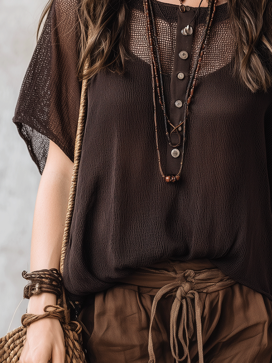 Maeve | Mesh Button-Front Boho Henley Top