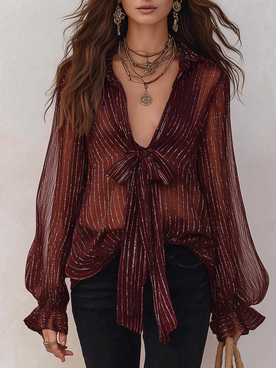 Lydia | Bohemian Shimmer Stripe Resort Burgundy Tie-Front