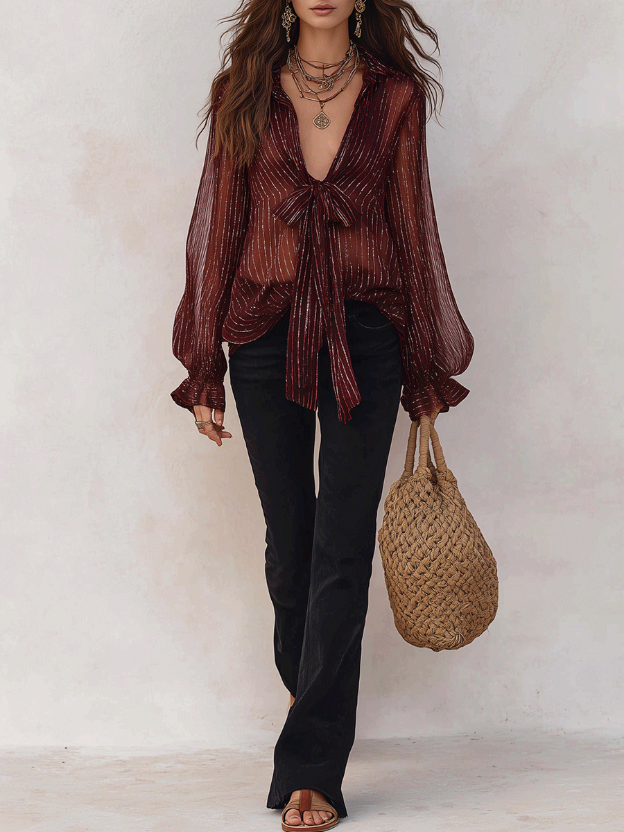 Lydia | Bohemian Shimmer Stripe Resort Burgundy Tie-Front