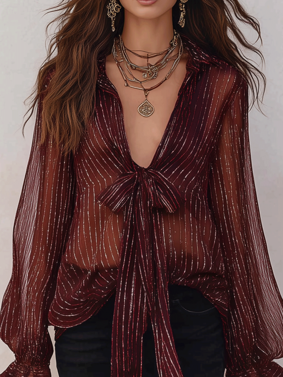 Lydia | Bohemian Shimmer Stripe Resort Burgundy Tie-Front