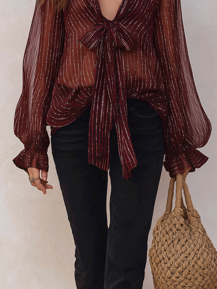 Lydia | Bohemian Shimmer Stripe Resort Burgundy Tie-Front