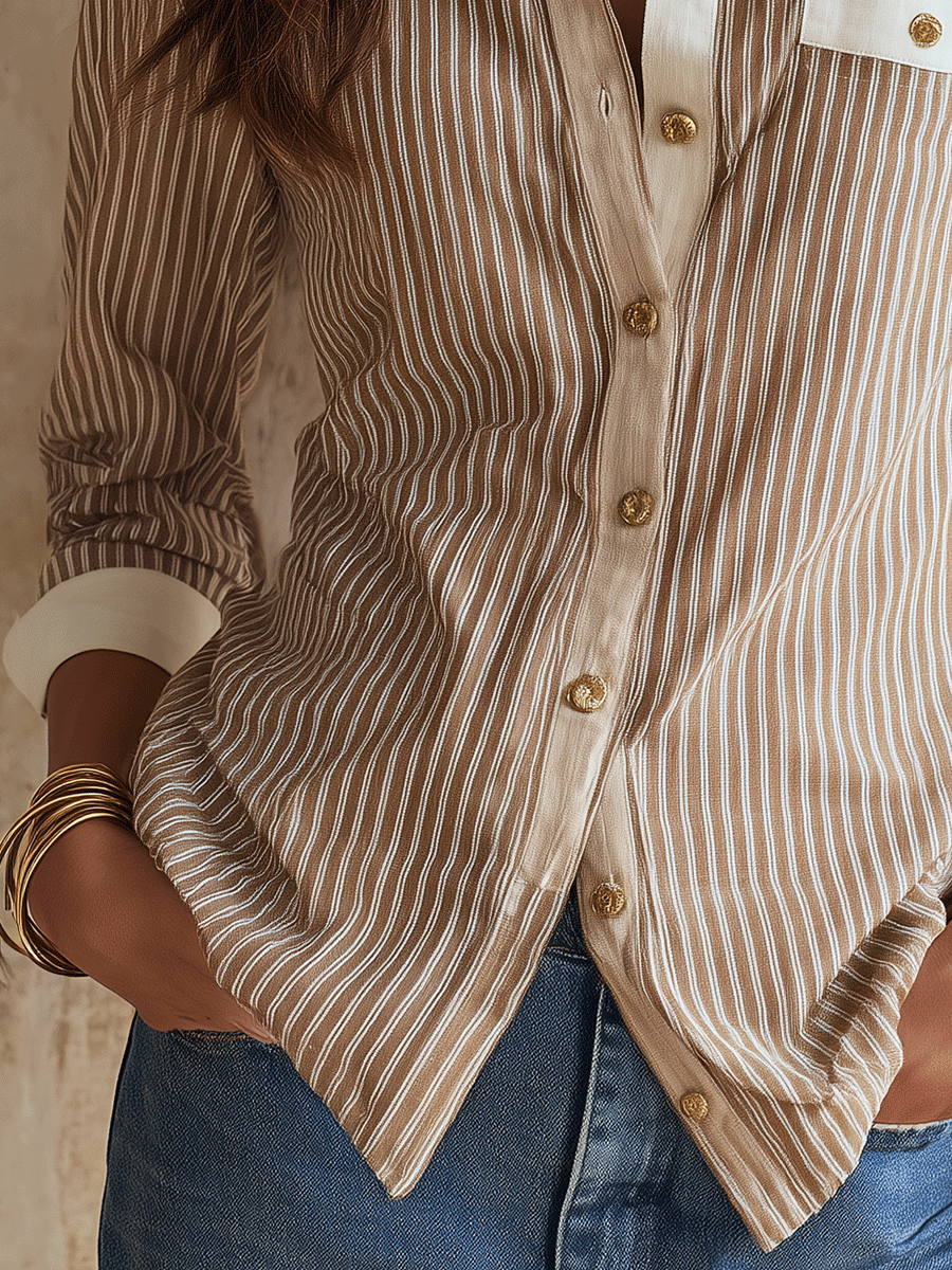 Nina | Neutral Stripe Cotton Blend Blouse