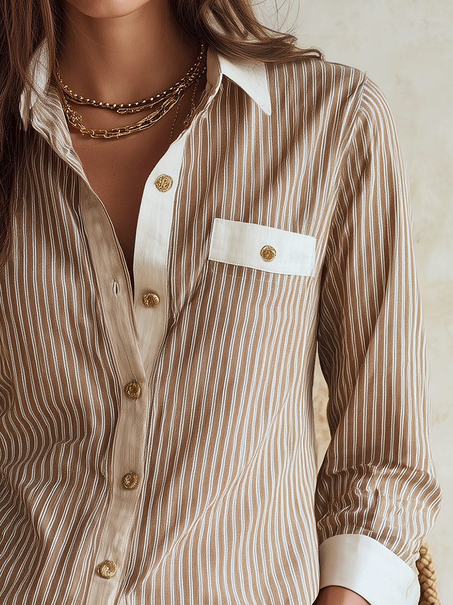 Nina | Neutral Stripe Cotton Blend Blouse