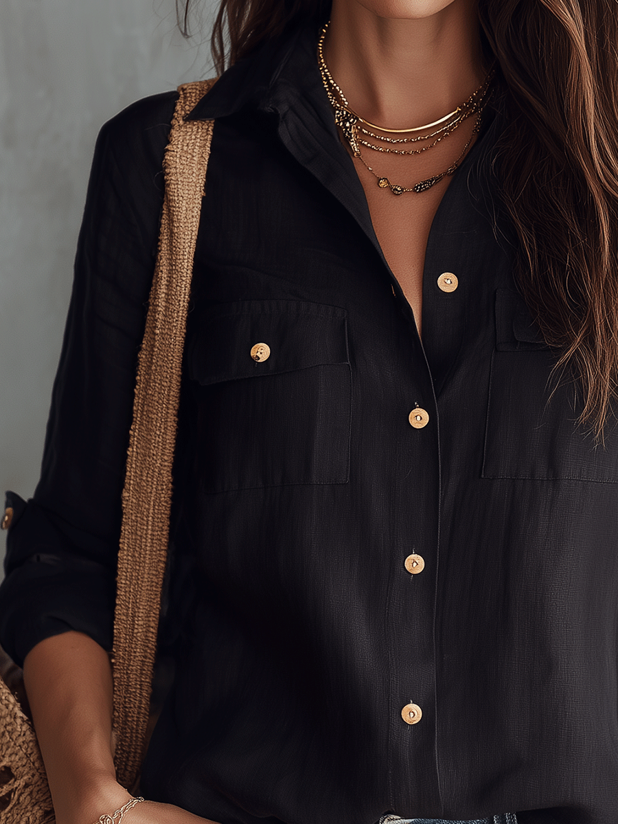 Skye | Casual Elegance Black Cotton-Linen Pocket Shirt
