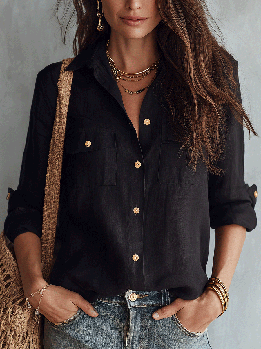 Skye | Casual Elegance Black Cotton-Linen Pocket Shirt