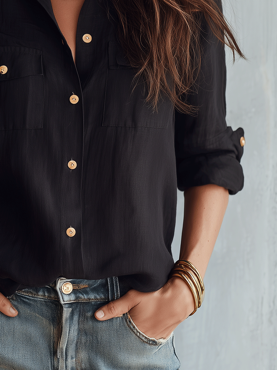 Skye | Casual Elegance Black Cotton-Linen Pocket Shirt