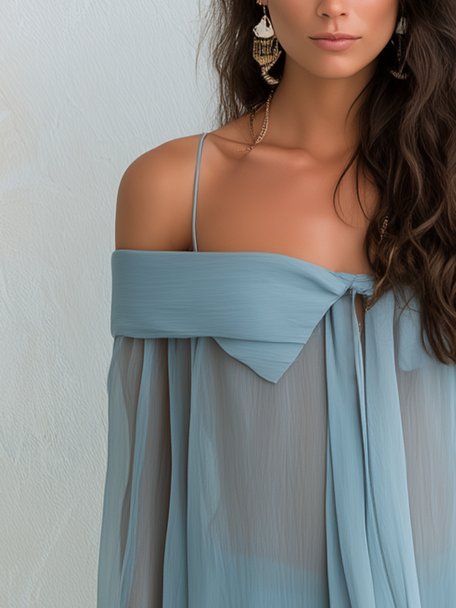 Petra | Soft Blue Off-Shoulder Draped Belted Shirt