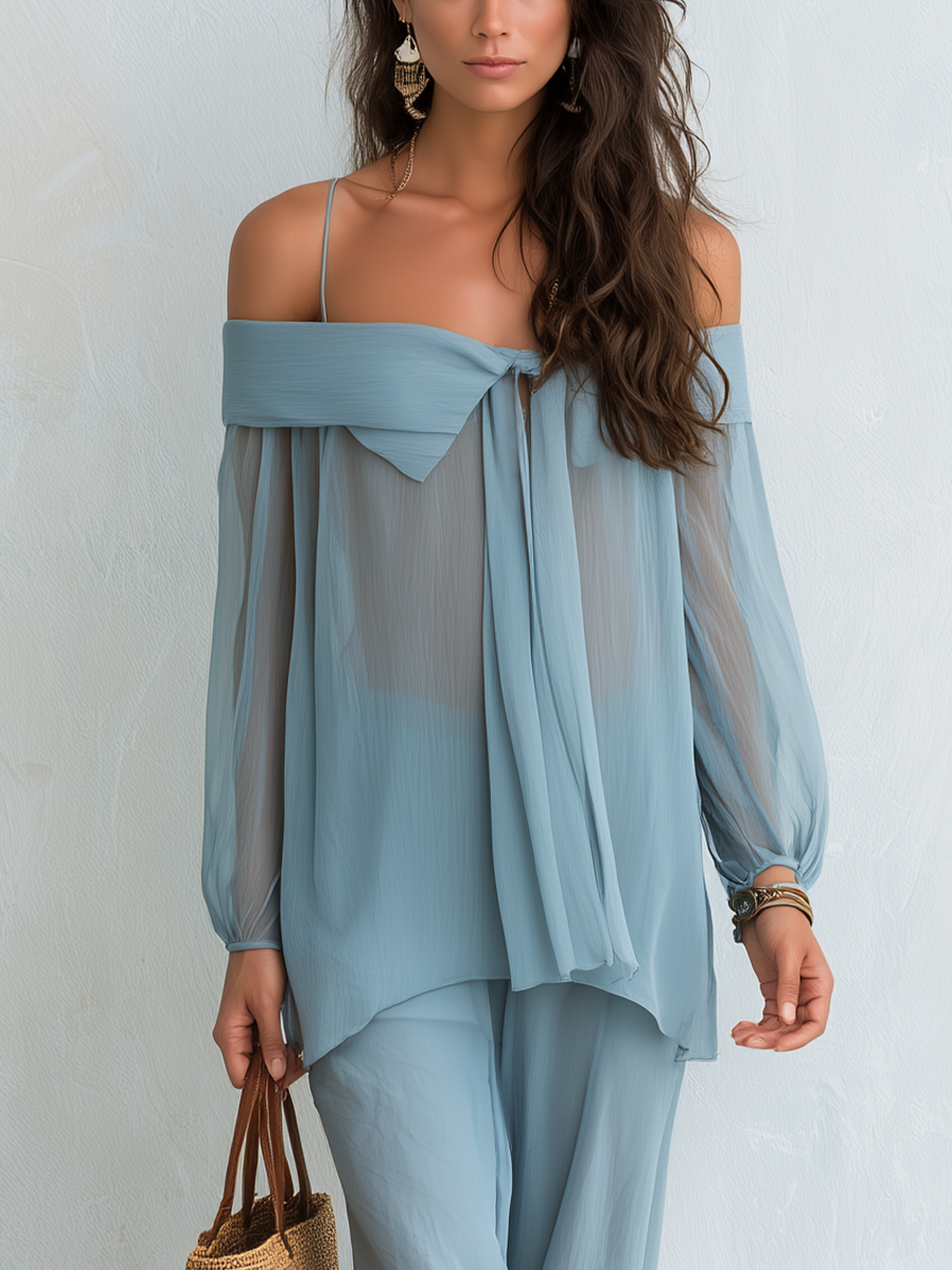 Petra | Soft Blue Off-Shoulder Draped Belted Shirt