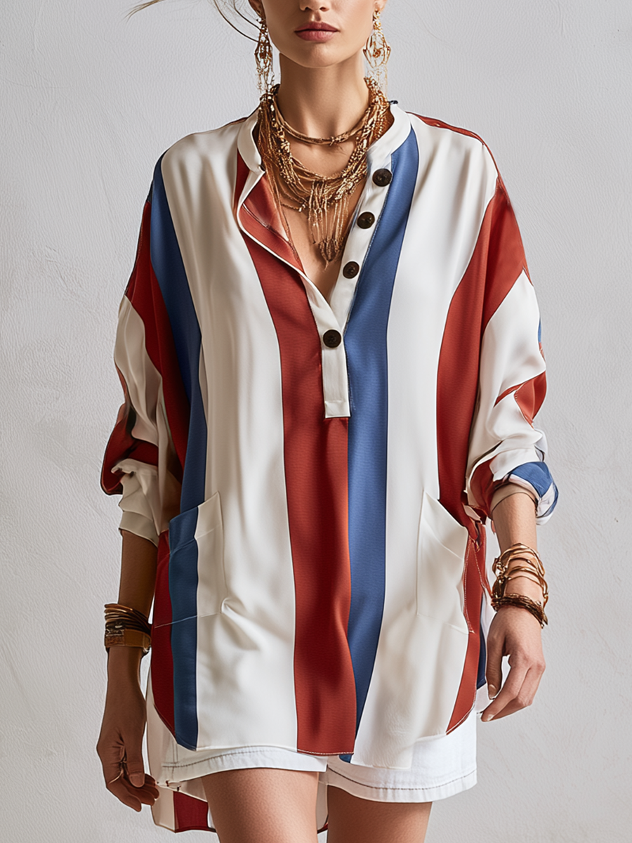 Thea | Bohemian Red And Blue Striped Top