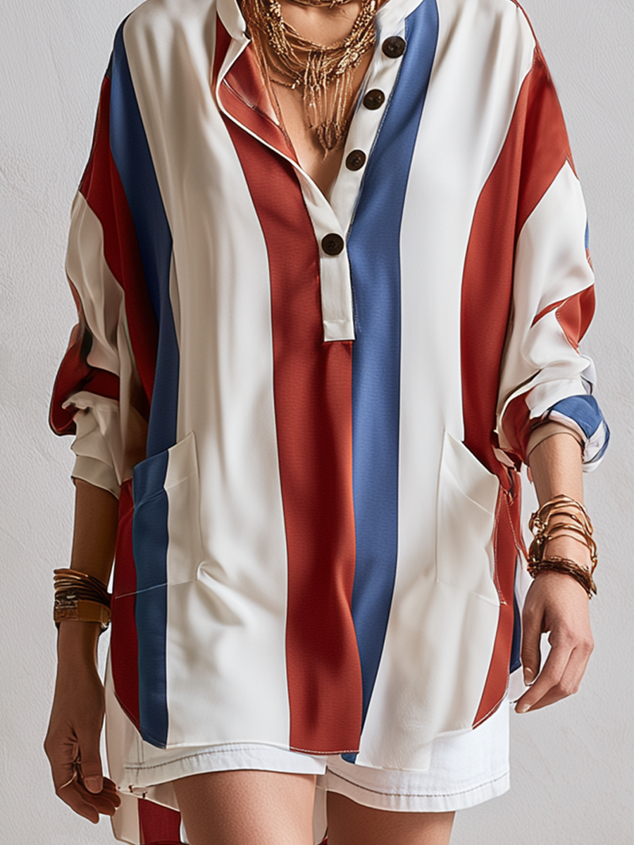 Thea | Bohemian Red And Blue Striped Top