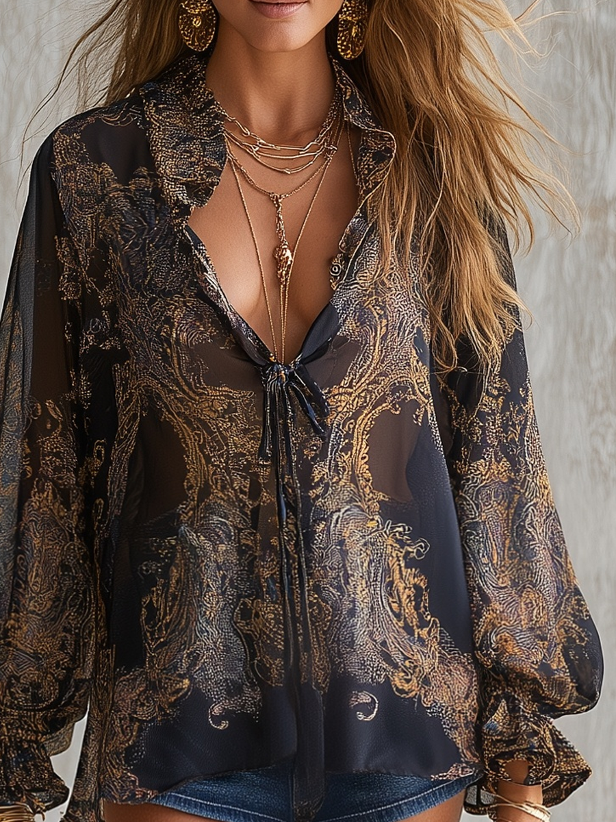 Wren | Romantic Black Gold Baroque Print Sheer