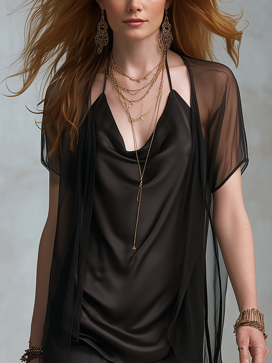 Alana | Elegant Black Satin Draped Neck Vest