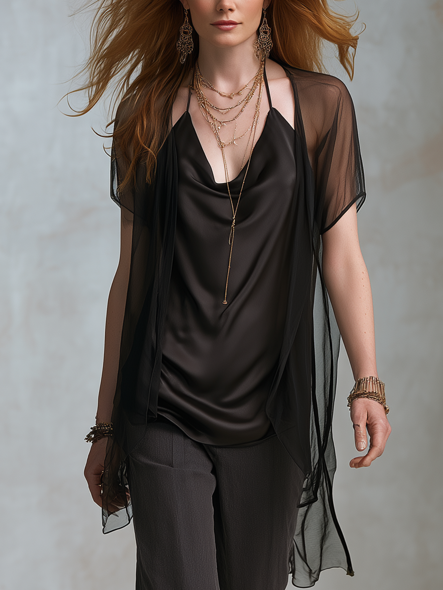 Alana | Elegant Black Satin Draped Neck Vest