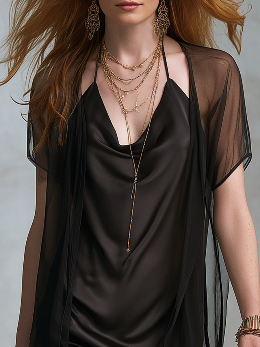 Alana | Elegant Black Satin Draped Neck Vest