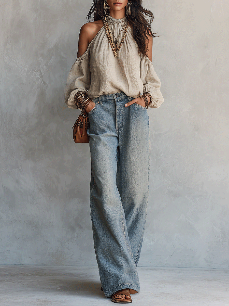 Bex | Bohemian Cold-Shoulder Resort Linen Blouse