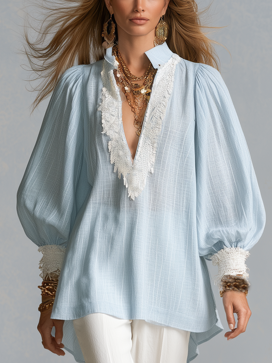 Demi | Bohemian Blue Lace-trimmed Shirt