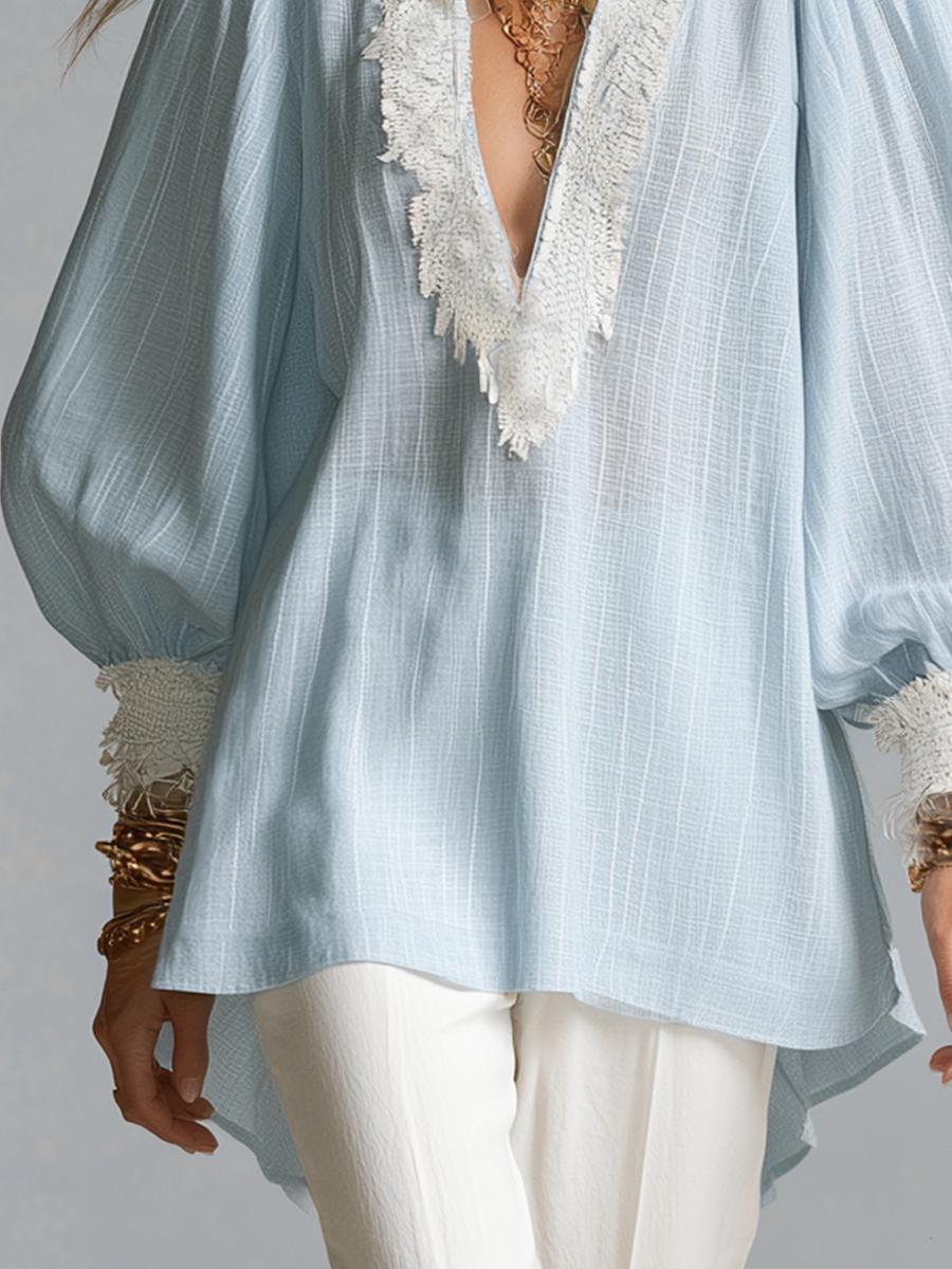 Demi | Bohemian Blue Lace-trimmed Shirt