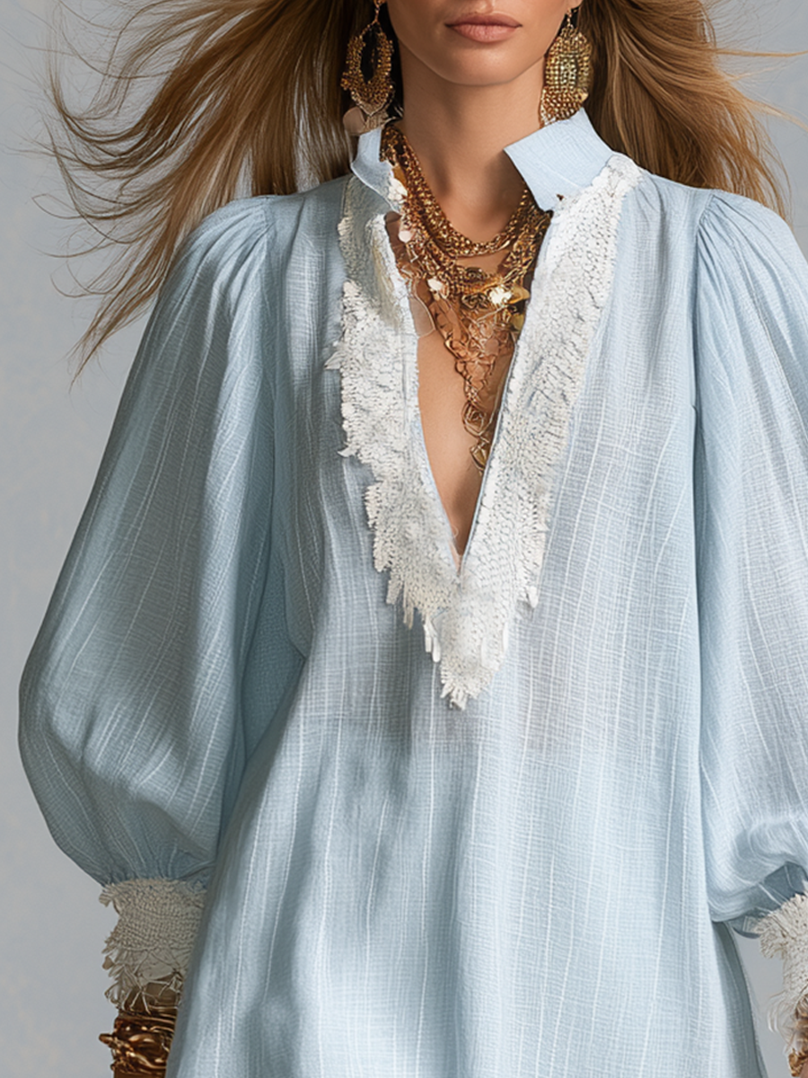 Demi | Bohemian Blue Lace-trimmed Shirt