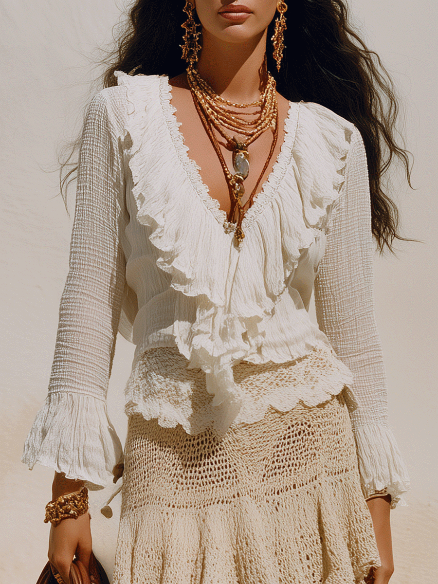 Gia | Bohemian Ruffle Resort Ivory Deep-V Lace