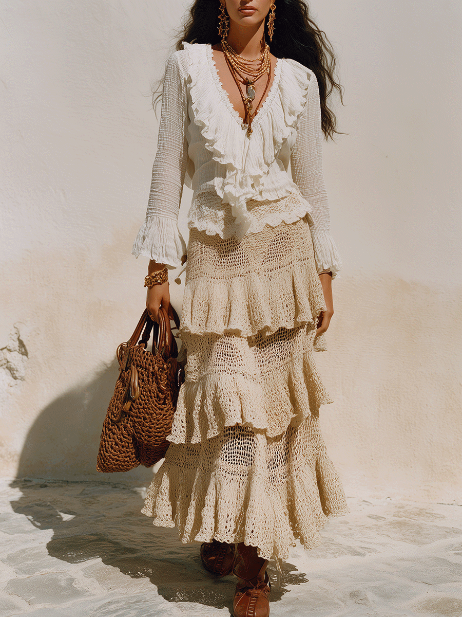 Gia | Bohemian Ruffle Resort Ivory Deep-V Lace