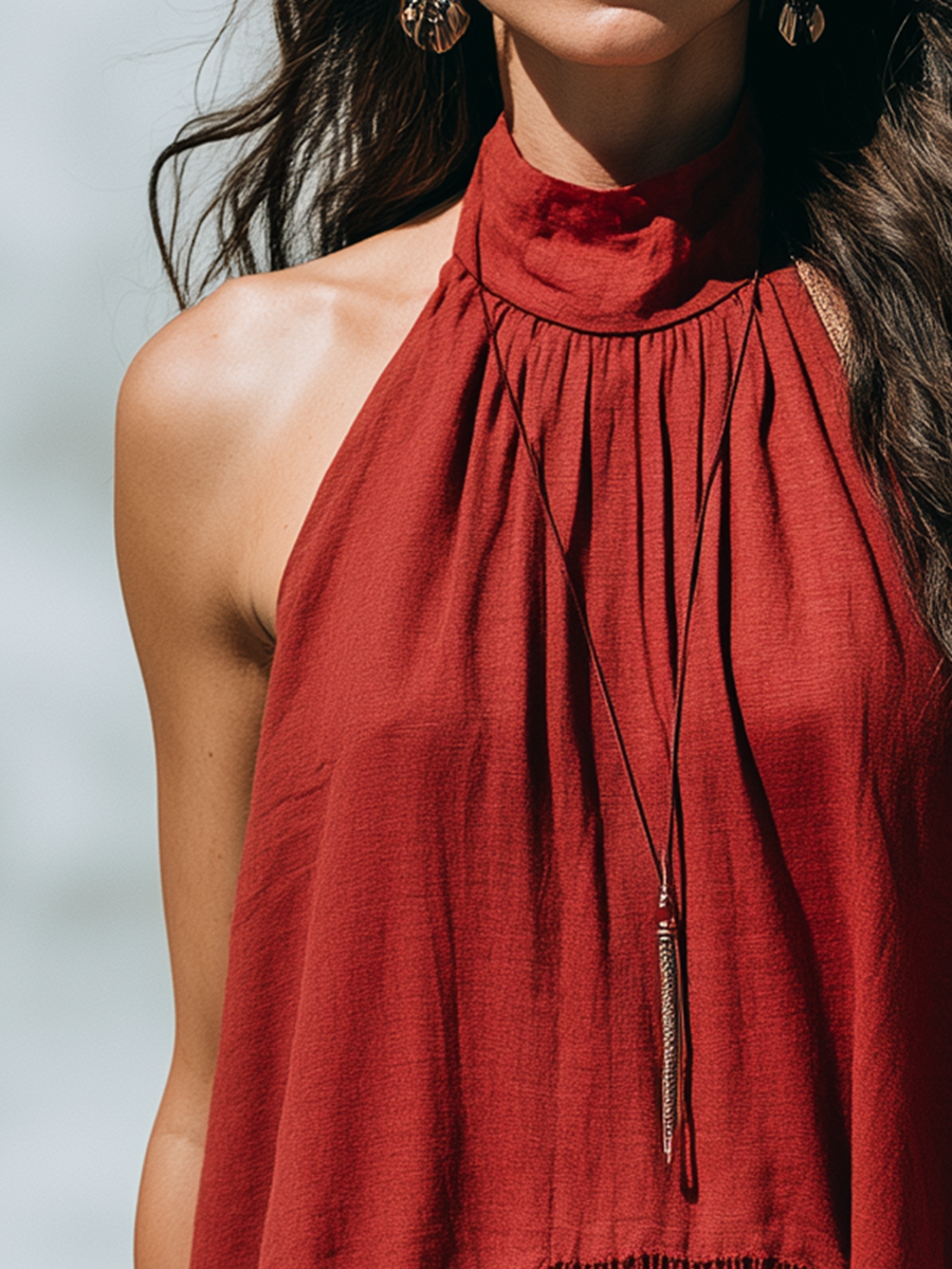 Flo | Vintage Red Fringe Halter Neck Top