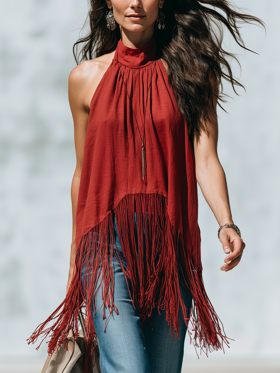 Flo | Vintage Red Fringe Halter Neck Top