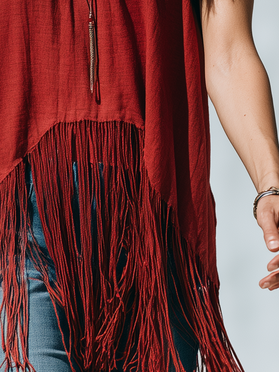 Flo | Vintage Red Fringe Halter Neck Top