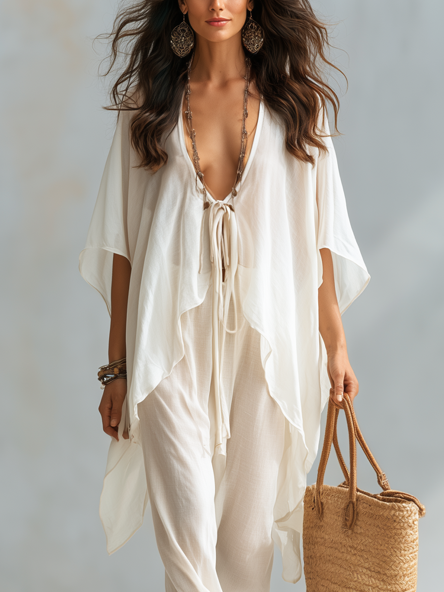 Opal | Airy Ivory Lace-up Draped Top