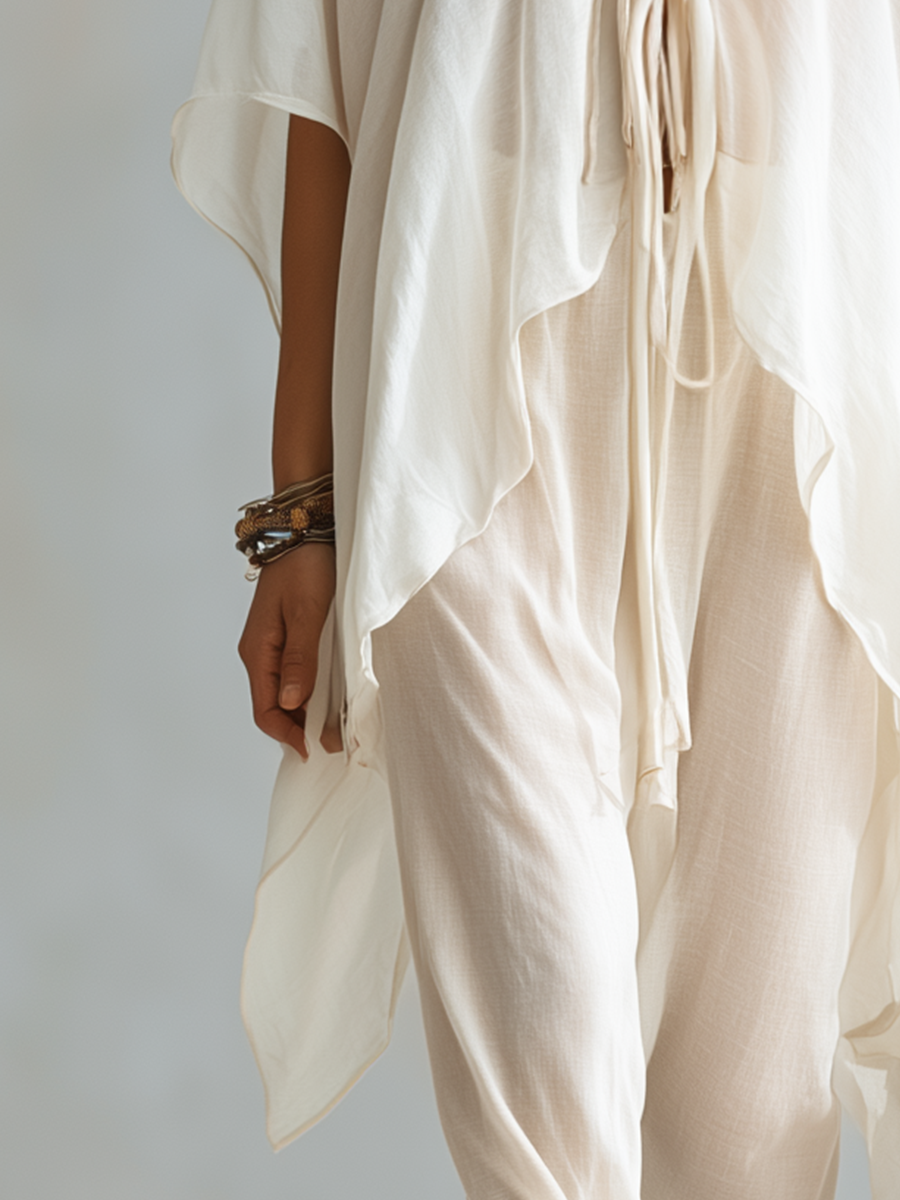 Opal | Airy Ivory Lace-up Draped Top