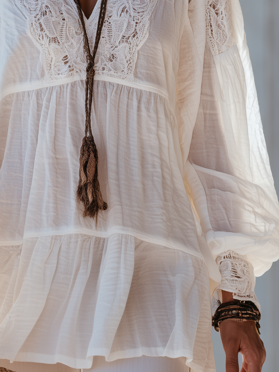 Toni | Elegant Ivory Lace Trim Peasant Blouse
