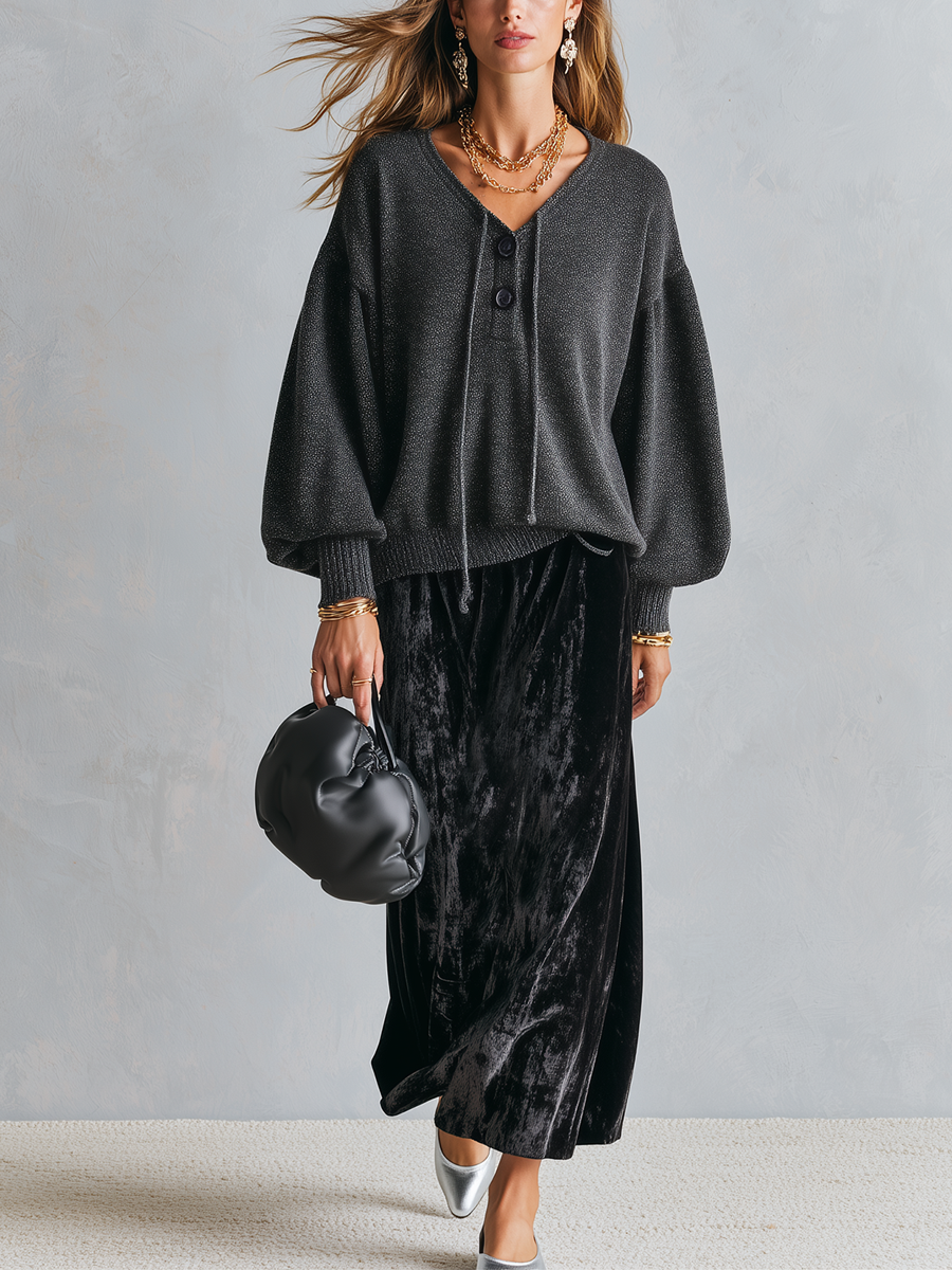 Sophia | Black Knit Top And Velvet Skirt