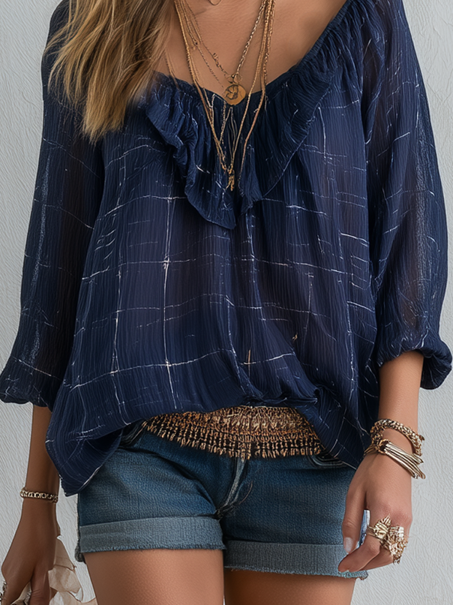 Zola | Bohemian Style Midnight Blue Plaid Shirt