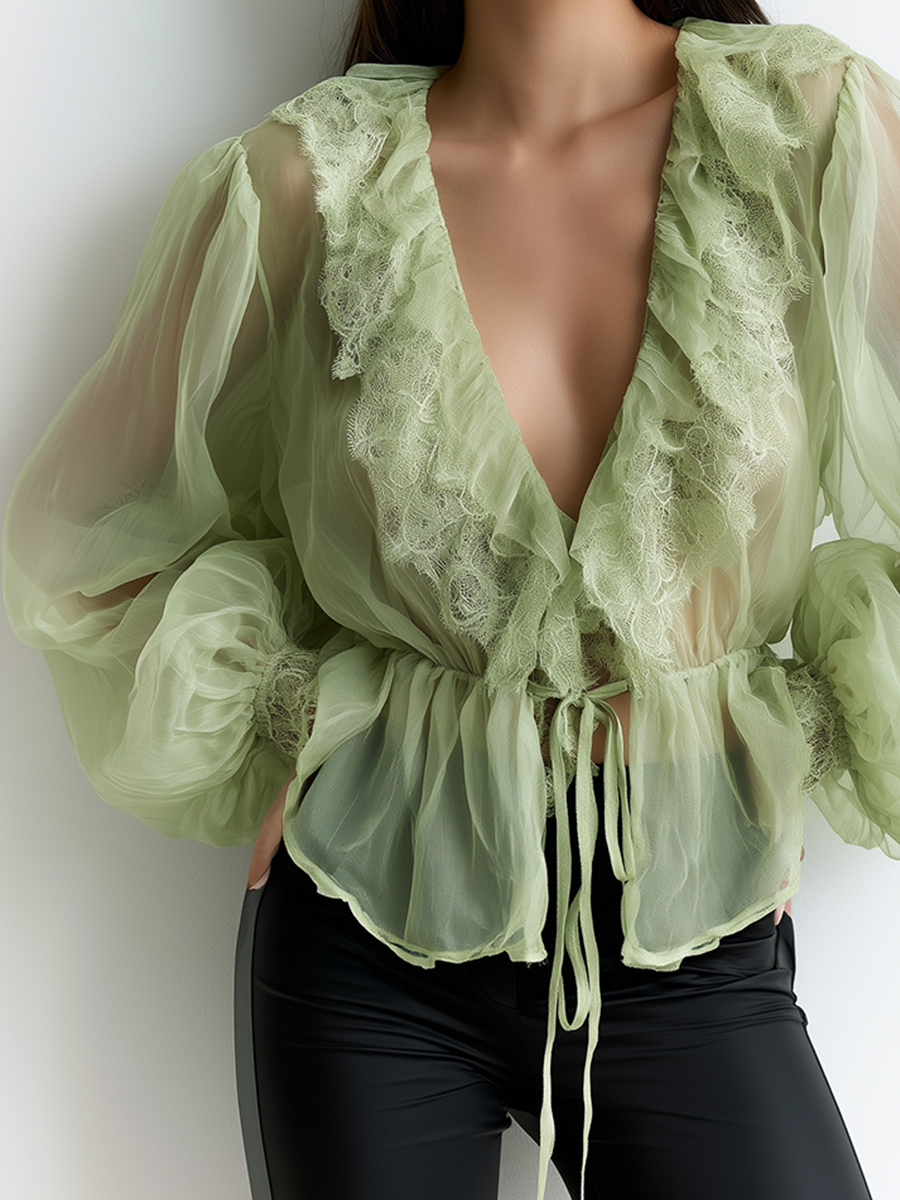 Xara | Elegant Organza Deep V-Neck Ruffled Slimming