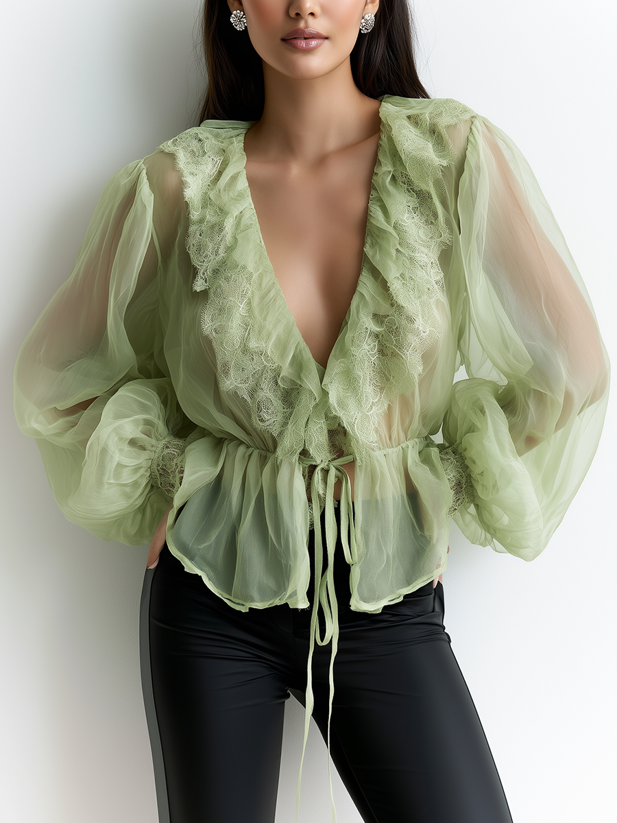 Xara | Elegant Organza Deep V-Neck Ruffled Slimming