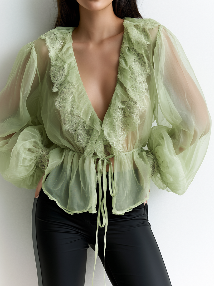 Xara | Elegant Organza Deep V-Neck Ruffled Slimming