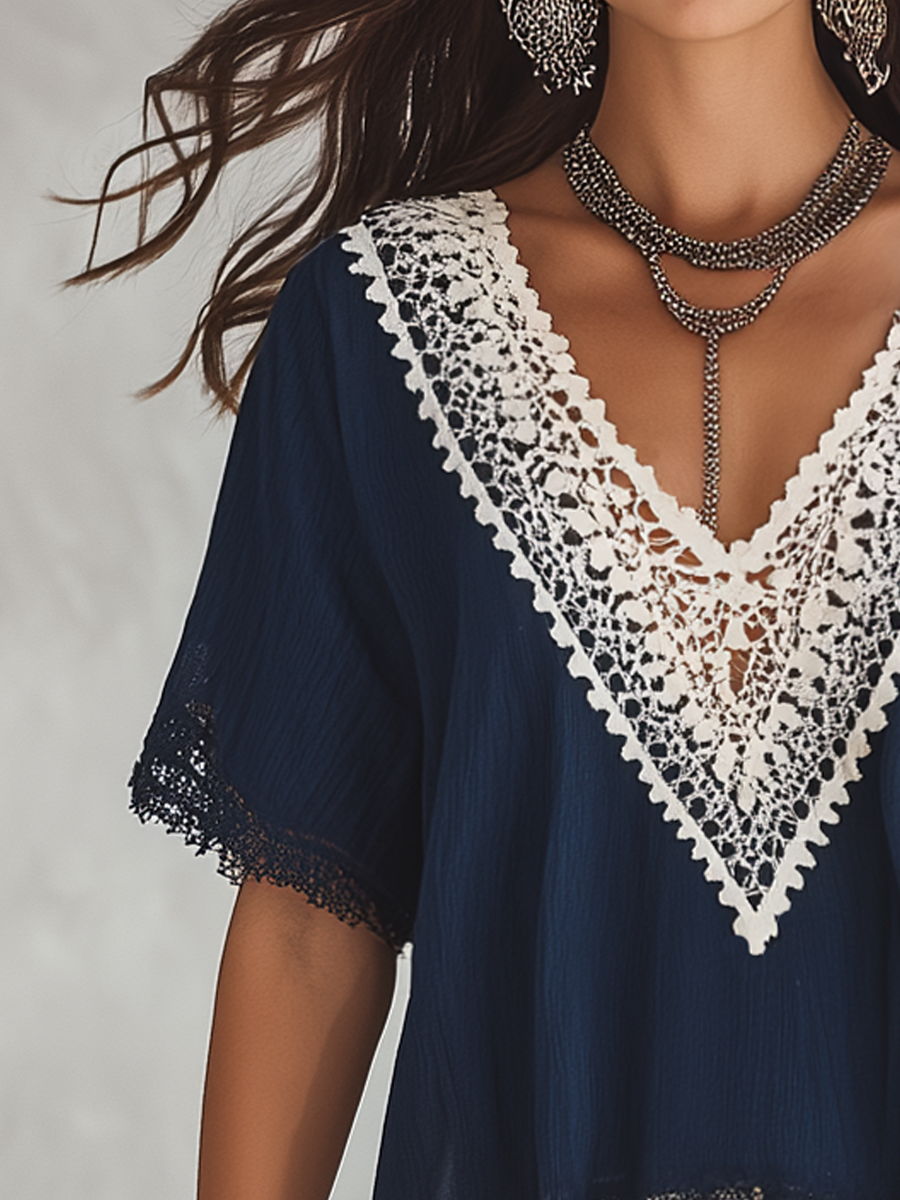 Bree | Refined Navy Lace V-Neck Blouse