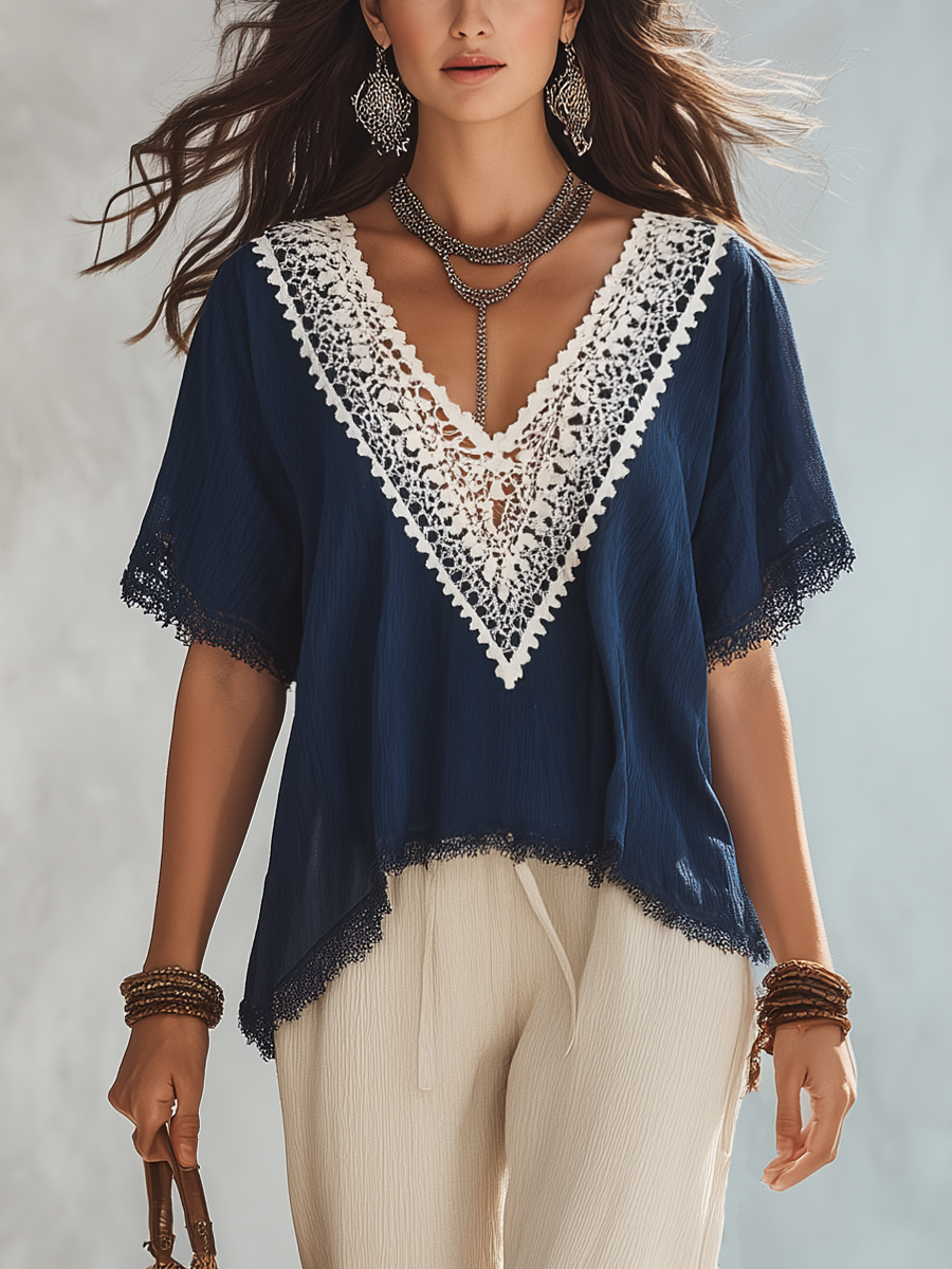 Bree | Refined Navy Lace V-Neck Blouse
