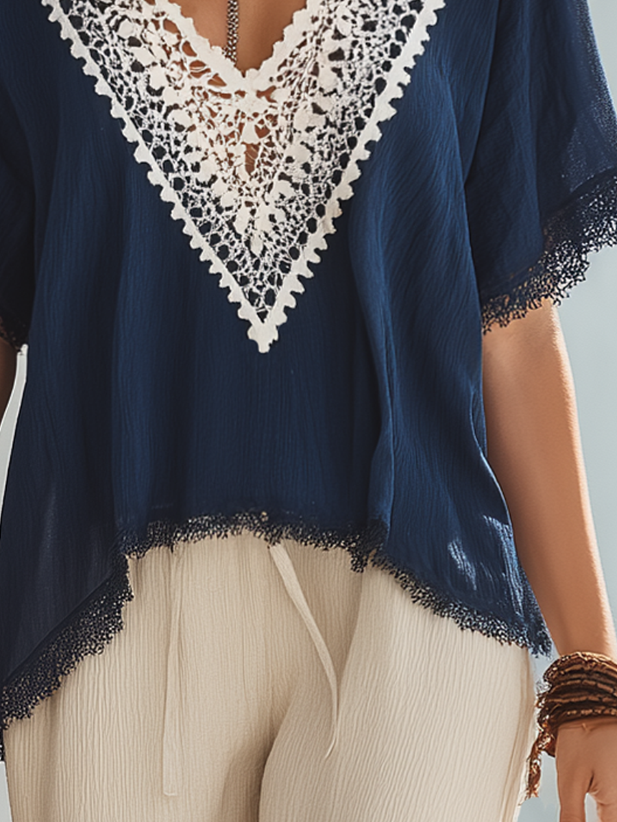 Bree | Refined Navy Lace V-Neck Blouse