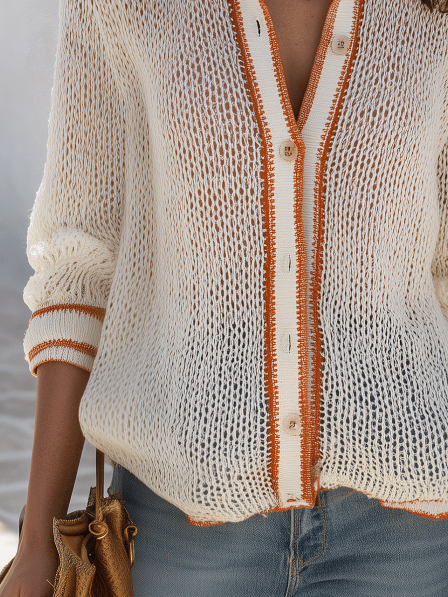 Cass | Casual Elegant Loose-Knit Piped-Trim Button-Up White