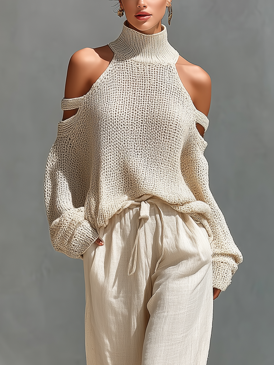 Astrid | Beige Knit Fabric Cold-Shoulder