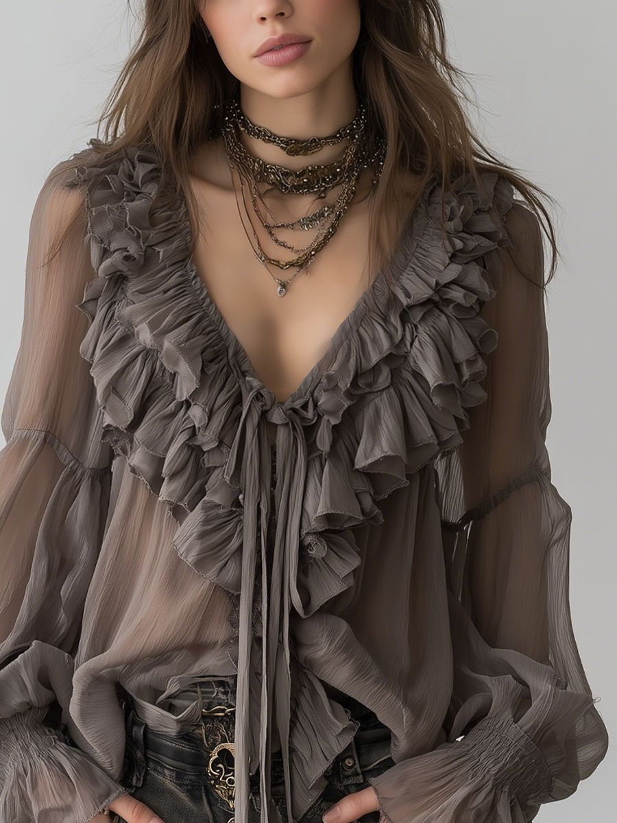 Yvette | Grey Bohemian Ruffled Shirt