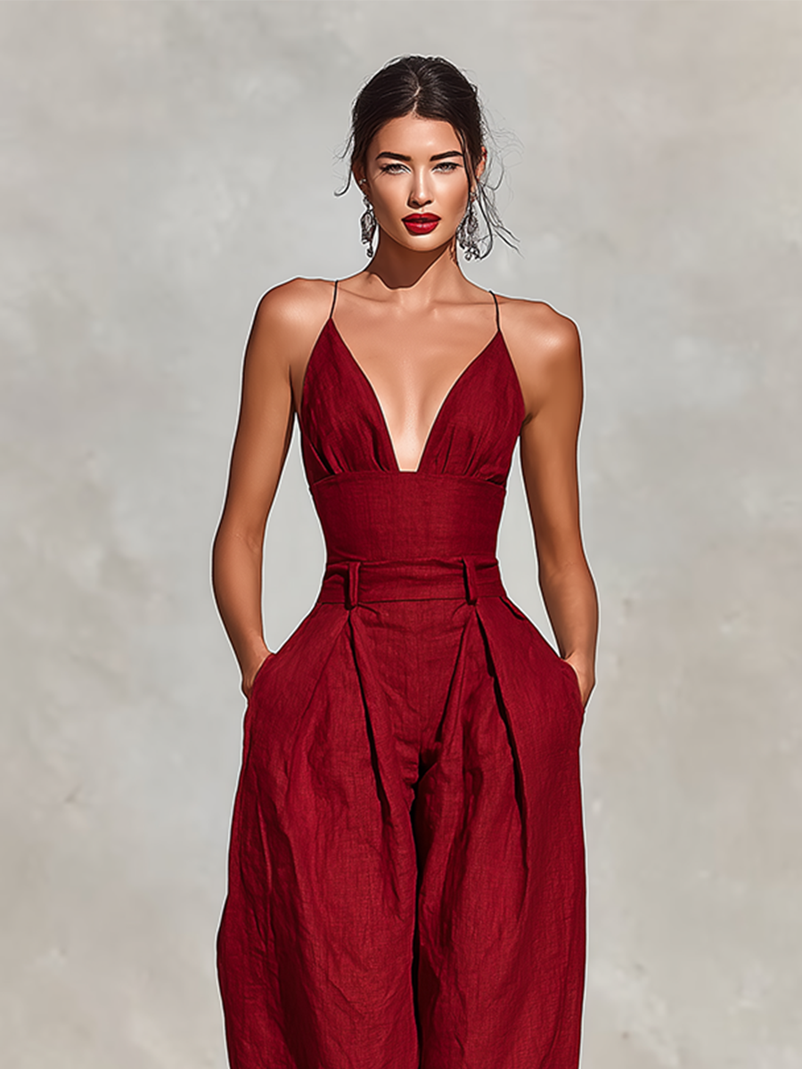 Cass | Red Linen Jumpsuit Spaghetti