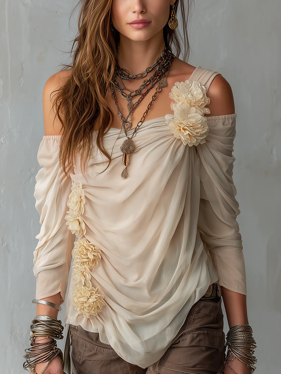 Isabella | Bohemian Draped Off-Shoulder Floral Chiffon Blouse