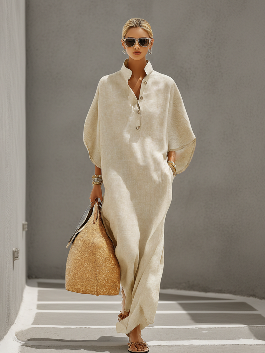 Celia | Oatmeal Linen Dress Mandarin