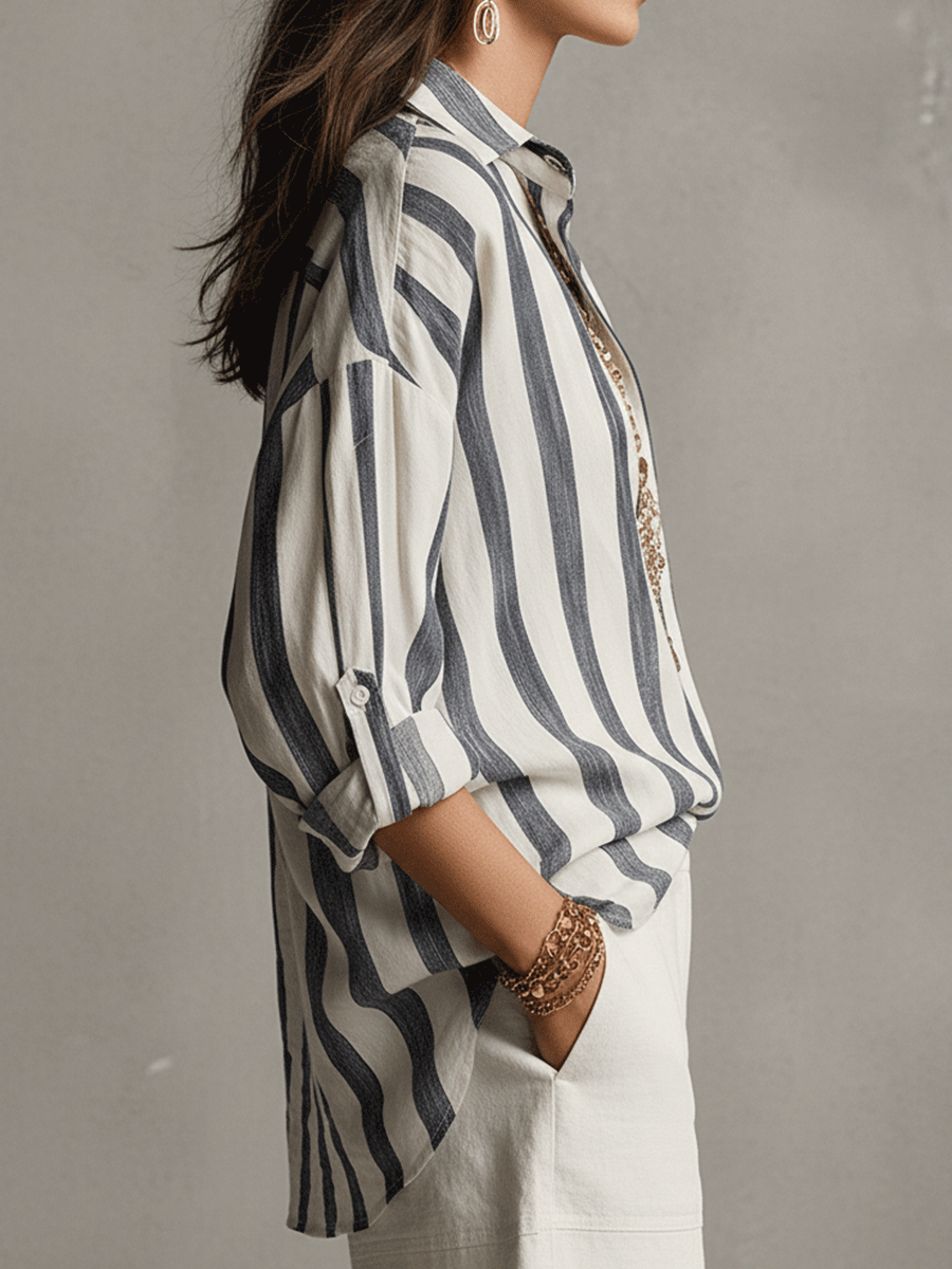 Genevieve | Casual Striped Cotton And Linen Long-Sleeved
