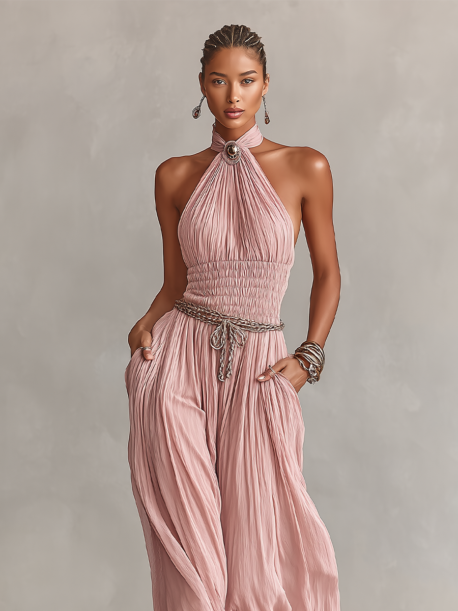 Isla | Blush Pleated Jumpsuit Halter