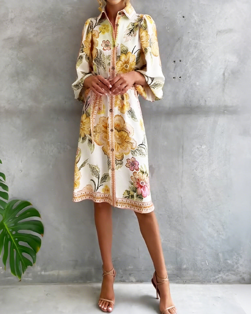 Printed Lantern Sleeve Dress with Notched Collar
