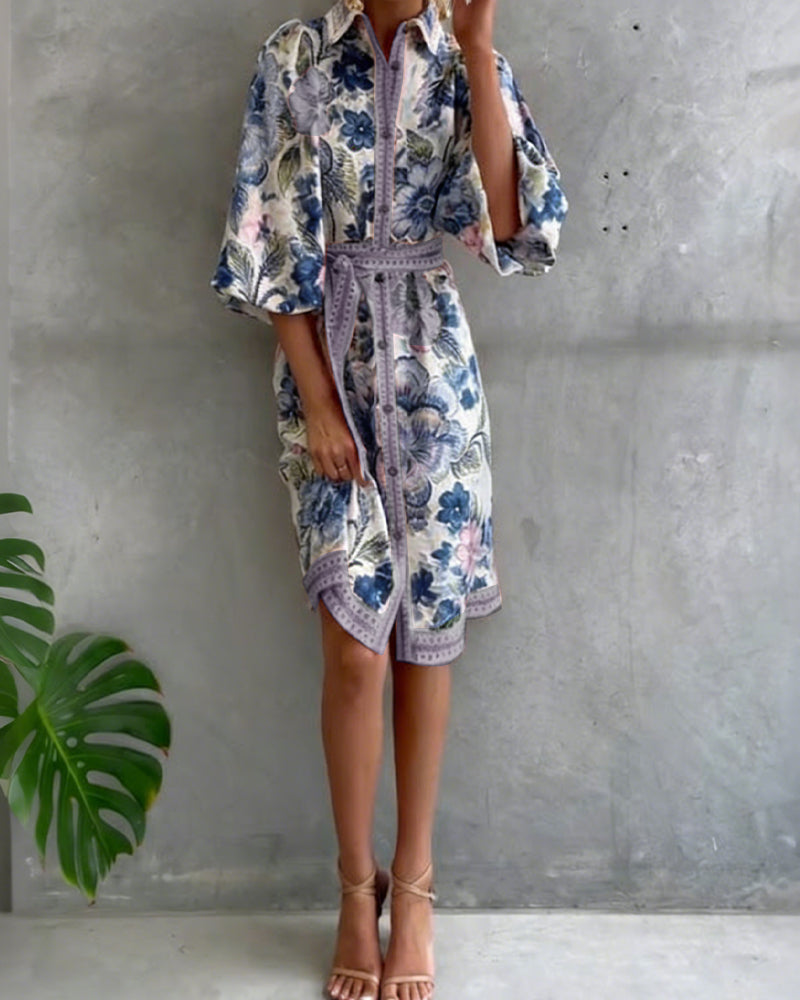 Printed Lantern Sleeve Dress with Notched Collar