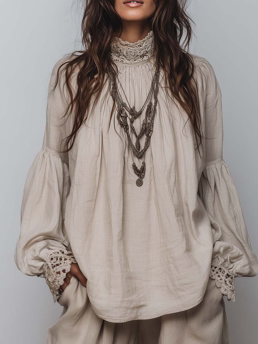 Margaret | Lace-trimmed Pleated Cotton Linen Blouse